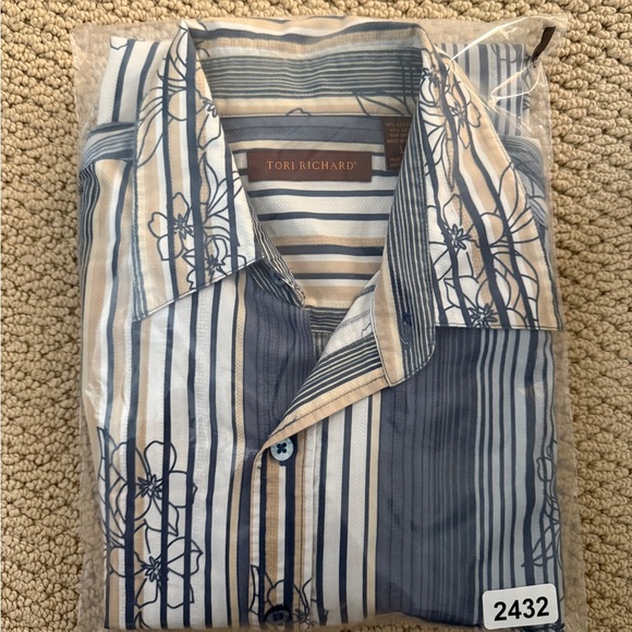 Tori Richard Aloha Hawaiian Blue & Tan Striped Floral Shirt Men L Large - Picture 5 of 5